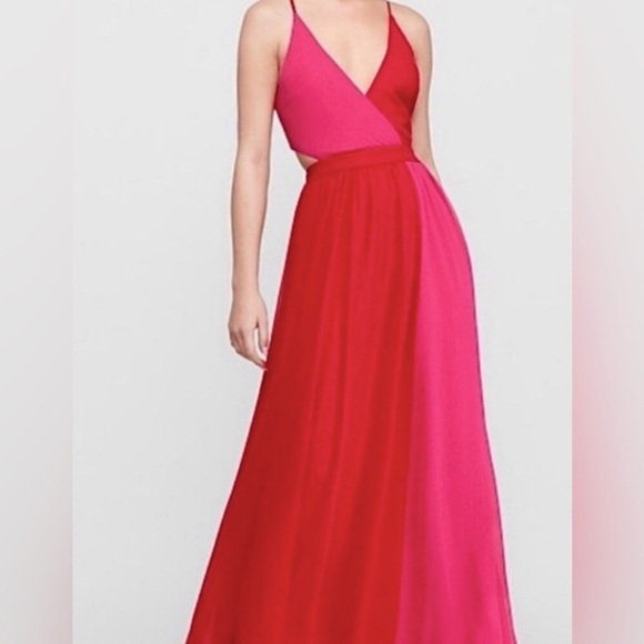 EXPRESS Red & Pink color block maxi dress w/cut outs & lace up back NEW RE $108+ - Picture 4 of 12